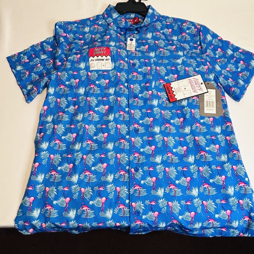 Cabana Set Shirt and Swim Shorts Party Sharks 4 Way Stretch Men Med Flamingo